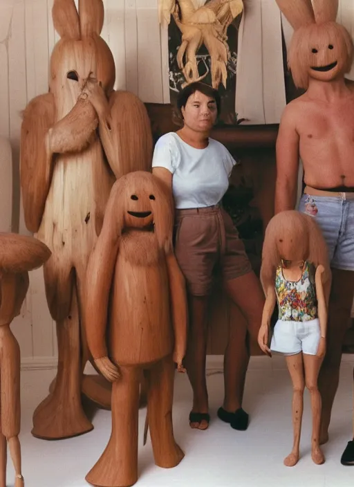 Image similar to realistic photo of the family wearing fluffy shorts, faceless, no face, polished and fancy, standing in the wooden expensive interior room full of wooden bird idol sculptures 1 9 9 0, life magazine reportage photo