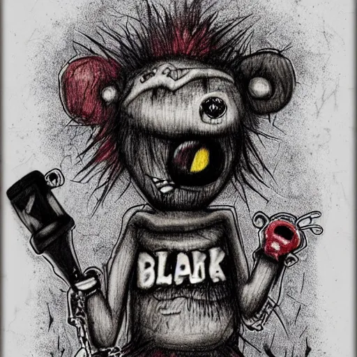 Image similar to dark art cartoon grunge drawing of a teddy bear with a duct taped mouth playing with with toys with bloody eyes by tim burton - loony toons style, horror theme, detailed, elegant, intricate, trending on art station