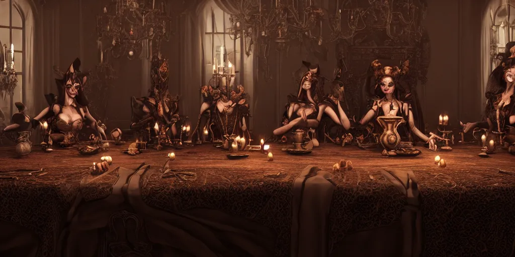 Image similar to dark witches sitting at a table doing a ritual. Ornate details, award winning. Octane render, 4k, 8k, unreal 5, very detailed, hyper control-realism, trending on artstation.”