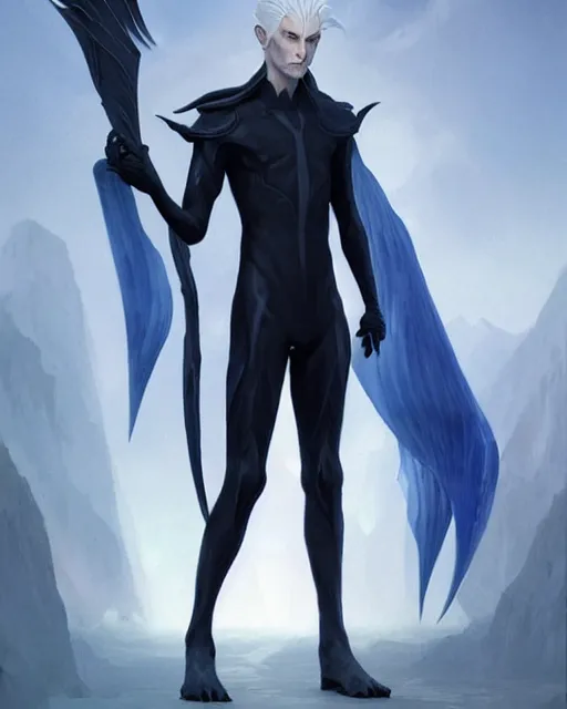 Prompt: character portrait of a slender young half white haired elven man with piercing blue eyes and pale bluish skin, wearing sleek pearlescent black wraithbone armor, by greg rutkowski and mark brookes and jim burns and tom bagshaw and magali villeneuve, trending on artstation