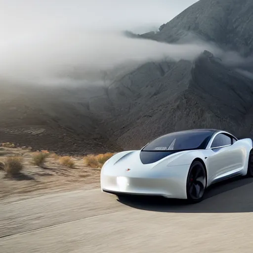 Image similar to a v 8 sport car designed by tesla, outdoor magazine, ambient light, fog