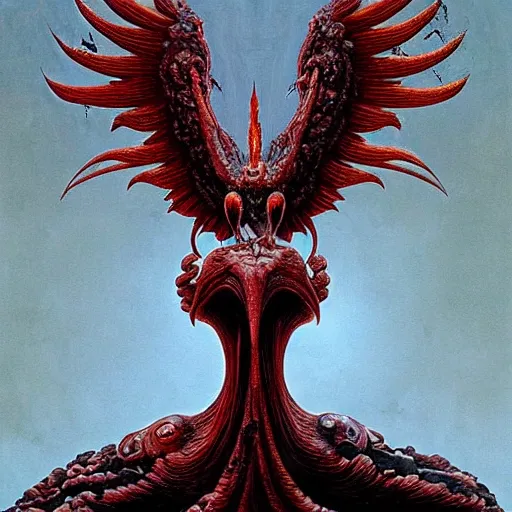 Prompt: bird phoenix of lava, dark, fire from inside, blood vesels, dystopian surrealism, art style zdzisław beksinski, symmetry accurate features, very intricate details, high resolution, symmetrical long head, smooth marble surfaces, detailed ink illustration, cinematic smooth stone, deep aesthetic, concept art, carved marble texture silk cloth, latex skin, highly ornate