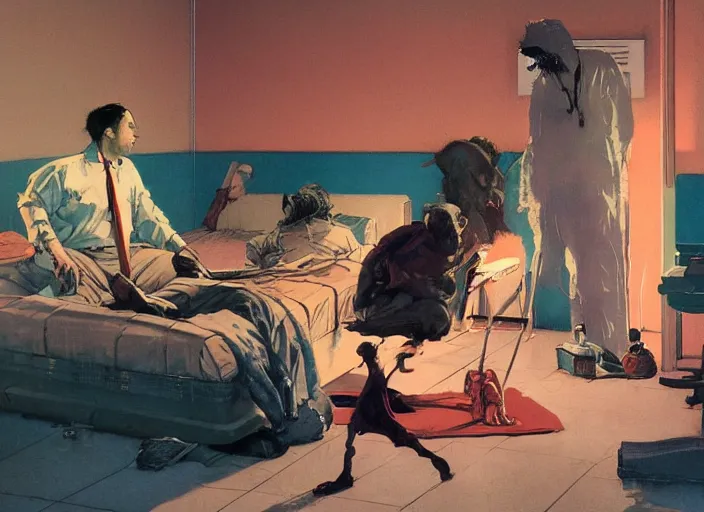 Image similar to a still from the movie one flew over the cuckoo's nest by francis bacon and norman rockwell and james jean, and mark brooks, triadic color scheme, by greg rutkowski, syd mead and edward hopper and norman rockwell and beksinski, dark surrealism, orange and turquoise