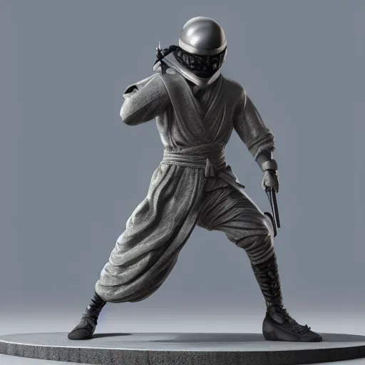 Prompt: 3 d octane rendering of marble and chrome statue of ninja wearing full face mask and hunter hat, technological, octane render