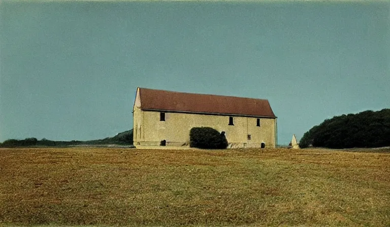 Prompt: A serene landscape with a singular building in the style of Autochrome Lumière