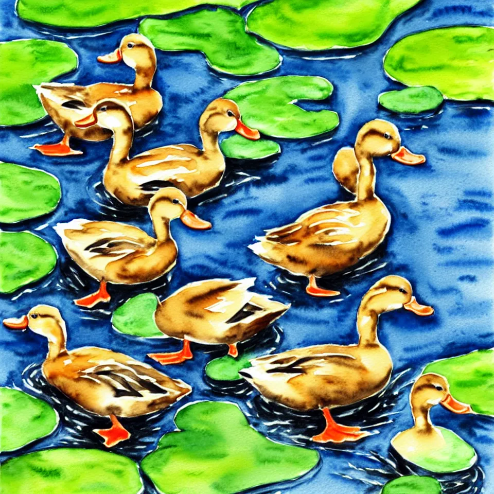 Image similar to watercolor of 3 ducks and 1 frog having a conversation on the side of a pond,