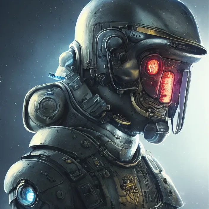 Image similar to portrait art of 8k ultra realistic retro futuristic space marine helmet, lens flare, atmosphere, glow, detailed,intricate,blade runner, cybernetic, full of colour, cinematic lighting, trending on artstation, 4k, hyperrealistic, focused, extreme details,unreal engine 5, cinematic, masterpiece, art by ayami kojima, giger