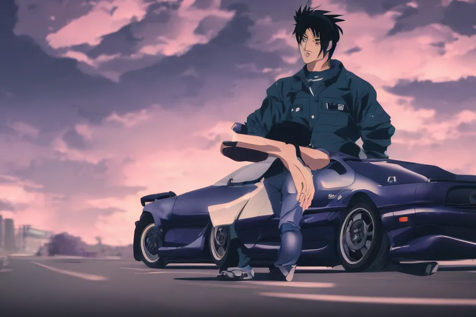 Image similar to aesthetic illustration of ryosuke takahashi with black hair wearing a dark blue shirt standing near white mazda rx 7 on an empty highway at dusk, cinematic lighting, detailed anime face, high detail, 9 0 s anime aesthetic, volumetric lights, unreal engine 5 render, pinterest wallpaper, trending on artstation