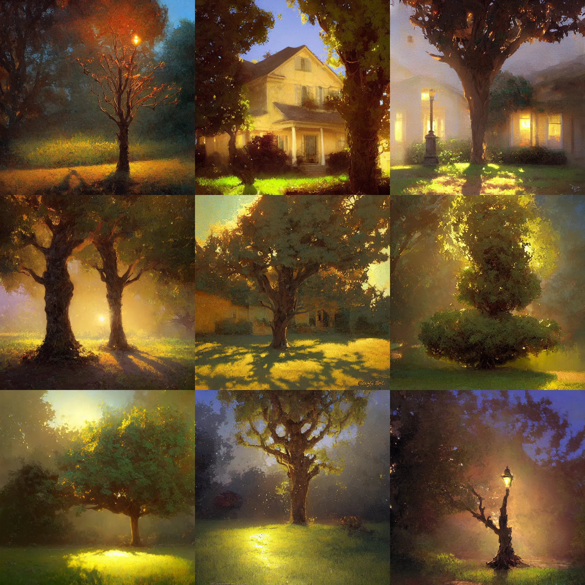 Prompt: digital art painting of a single tree in the middle of the front yard of a typical house painted by craig mullins and gaston bussiere and greg rutkowski, dramatic lighting, close up