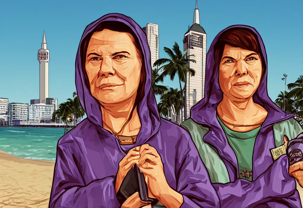 Image similar to saint mary mackillop in grand theft auto loading screen, gta art style, illustration, beach, miami, vice city