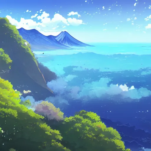 Image similar to A beautiful painting of japan coast with mountains ,Anime ,nature ,illustration, Nature wallpaper, Bright and airy, Aerial, Makoto shinkai ,Trending on artstation