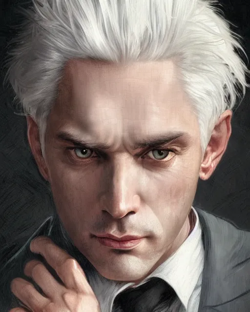 Image similar to portrait of 4 0 - year - old man with white hair with a pale complexion, pointed face and grey eyes, clear smooth face, no beard wearing black suit, hyper realistic face, beautiful eyes, close up, fantasy art, in the style of greg rutkowski, intricate, alphonse mucha, hyper detailed, smooth