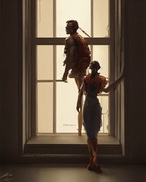 Image similar to a man and a woman standing in front of a window, concept art by david schleinkofer and by stanley artgerm and by ash thorp, cgsociety, space art, concept art, redshift, sci - fi