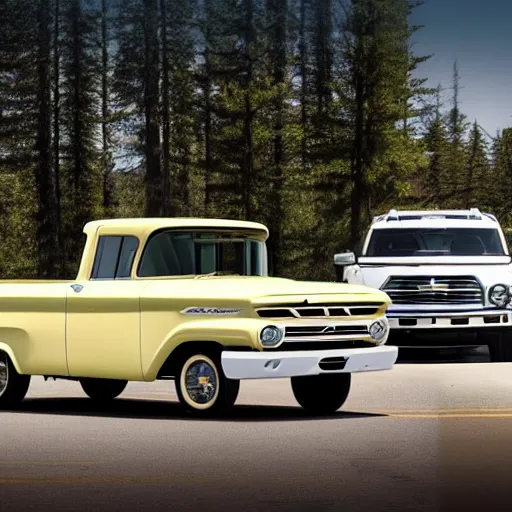 Image similar to 1960 Ford Pickup and 2015 Chevy Tahoe mixed into one SUV, Retro Aesthetic with Modern Features, Advanced Automobile, Premium SUV, 4K, Photo