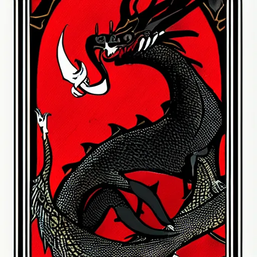 Image similar to tarot card of a dragon, meaning confidence and riches in the future, modern design, digital art, stylish, black and red