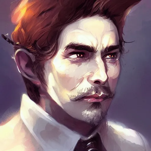 Image similar to Brown haired halfling oil portrait, middle aged, dandy elegant fop diminutive by Anato Finnstark, Tony Sart highly detailed, artgerm, digital illustration, concept art