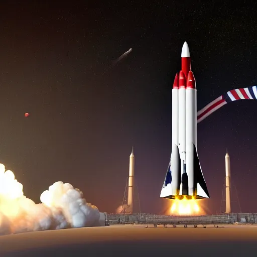 Image similar to The Space Launch System rocket in flight, eclipsed by the American Flag in the foreground, photorealistic