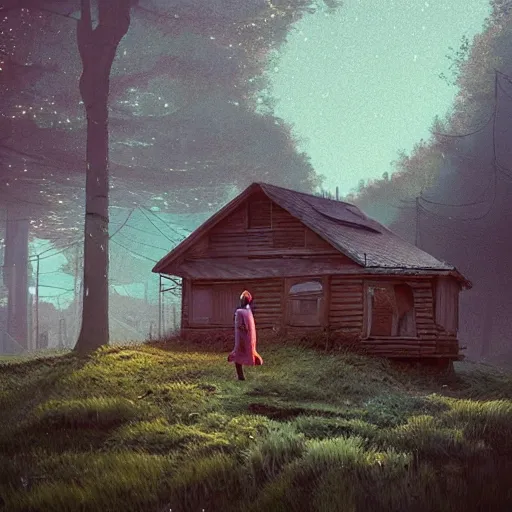 Image similar to woman leaving her wooden broken house by simon stålenhag, very highly detailed, award winning, rendered by Beeple, by Makoto Shinkai, syd meade, starwars, space art concept, digital art, unreal engine, blender, WLOP, trending on artstation, 4K UHD image, octane render