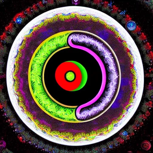 Image similar to a fractal yin yang symbol surrealist painting, the vortex opening up and multicolored spirals surround it