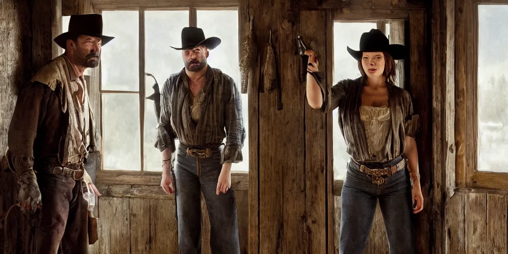 Prompt: in an old west cabin, close up shot of beautiful Mila Jovovich (alone) in the doorway and Dave Bautista cowboy standing ((alone)) at the window talking to each other , in the style of Fredrick Remington, oil painting