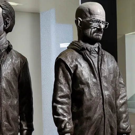 Image similar to jesse pinkman and walter white transformed into inanimate bronze statues, in a museum