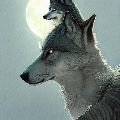 Prompt: Wolf, moon in the background, intricate, elegant, highly detailed, digital painting, artstation, concept art, smooth, sharp focus, illustration, art by artgerm and greg rutkowski and alphonse mucha