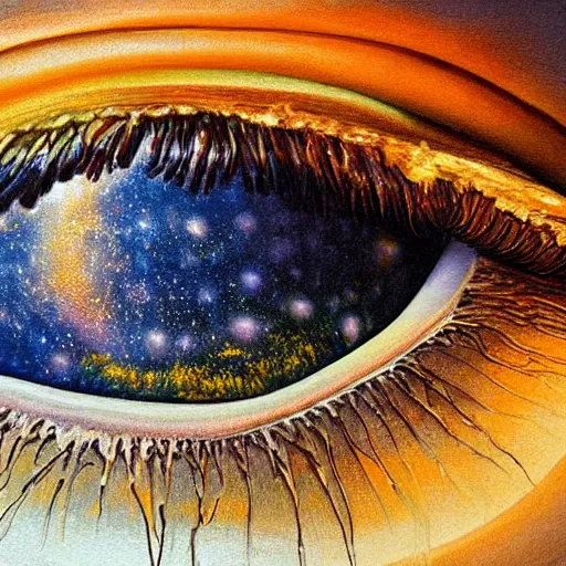 Prompt: a highly detailed photorealistic painting of a ( ( ( human eye ) ) )!!!!!!! reflecting the milky way galaxy