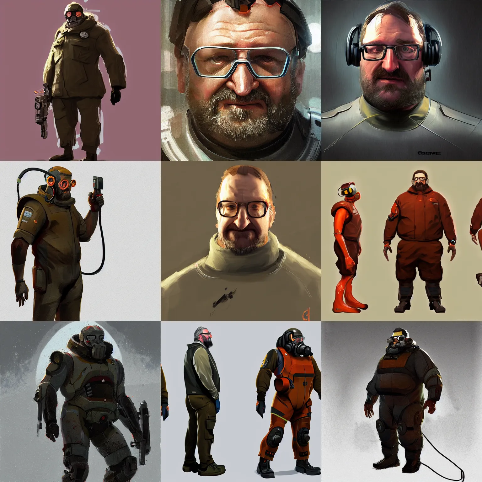 Prompt: concept art of gabe newell in hev suit as gordon freeman from half life, highly detailed, viktor antonov concept art, sergey kolesov concept art