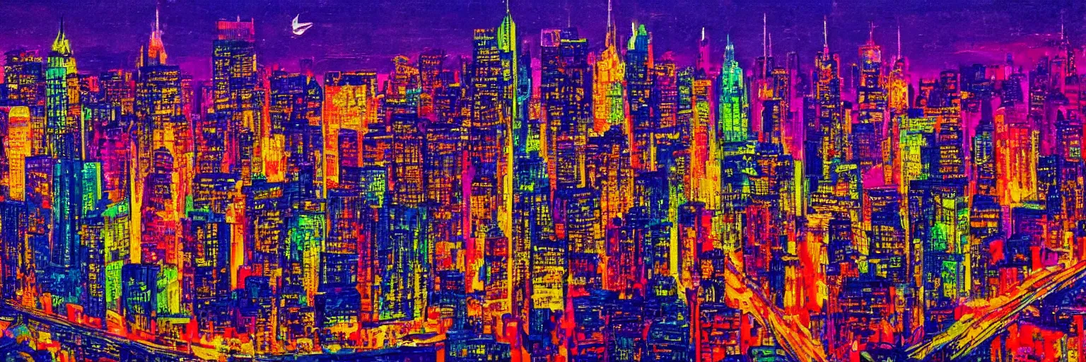 Prompt: a colorful landscape of new york by night in the style of alberto mielgo