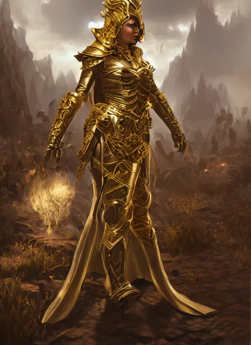 Prompt: dark fantasy warrior princess in gold armour, painting by gerald brom, wide angle, detailed, 4 k, unreal engine 5