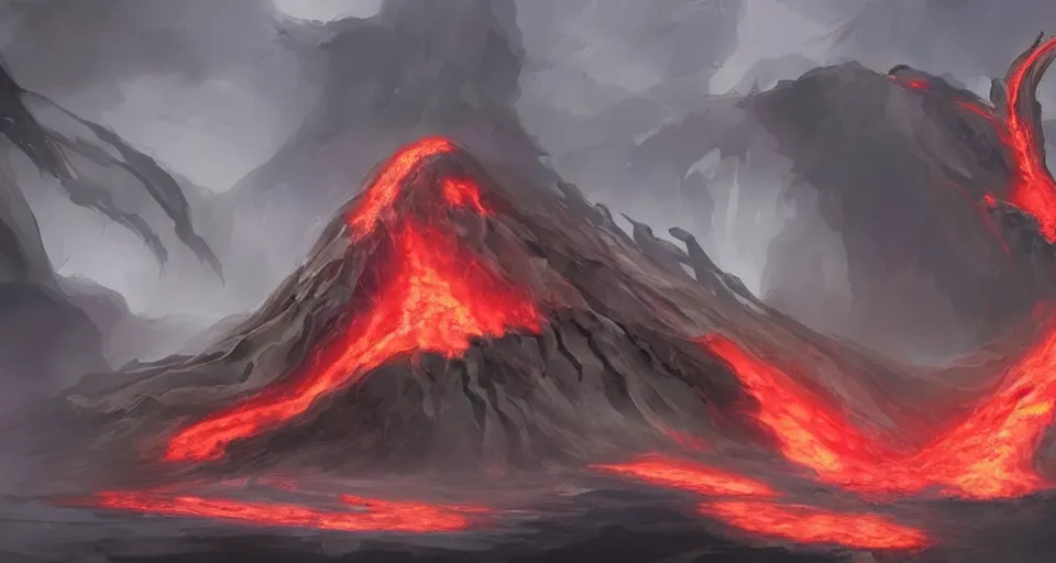 Image similar to a volcano made of ivory vines and crimson rocks enters in eruption, it spits a smoke in the shape of demonic eye, by League of Legends concept artists