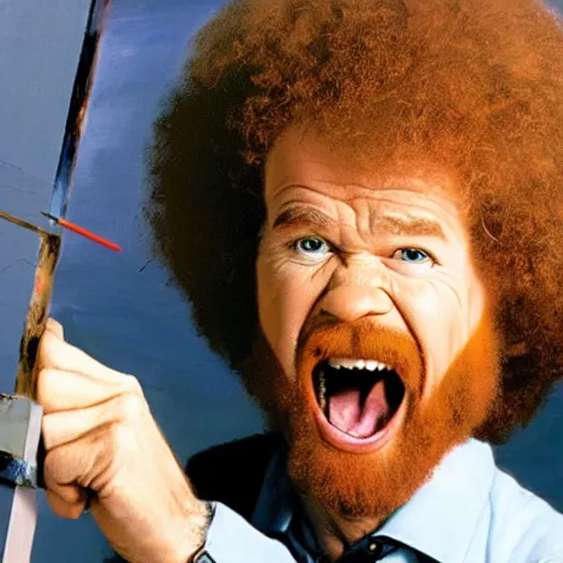 Prompt: insanely angry bob ross screaming at painting mistake