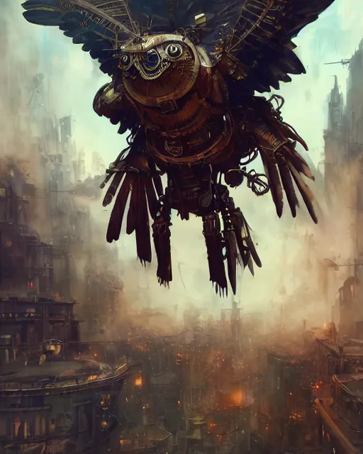 Prompt: oil painting of exploding steampunk city, Gigantic Steampunk Owl Robot above, sharp focus, full body, heroic pose, fantasy style, octane render, volumetric lighting, 8k high definition, by greg rutkowski, highly detailed, trending on art Station, magic the gathering artwork, centered, dramatic artwork, combat scene