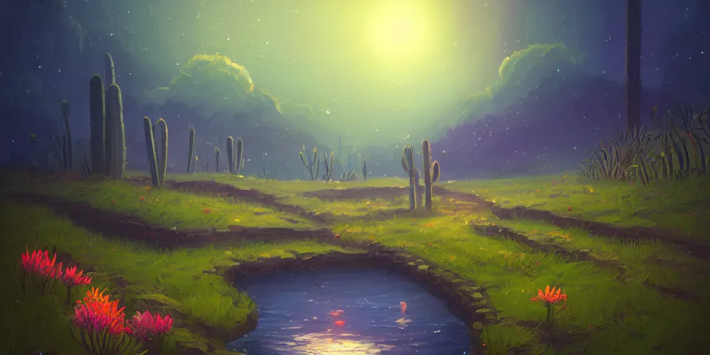 Prompt: colorful sylvain sarrailh illustration of a dark night view of a stone wall with a drain to a river, a tree and a cactus, brightly illuminated by rays of moon, wildflowers, artstation