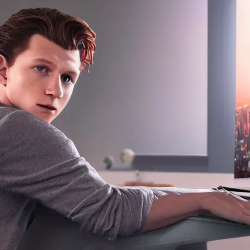 Image similar to tom holland behind a computer in his apartment room during a stormy night, photorealistic, cinematic lighting, highly detailed,