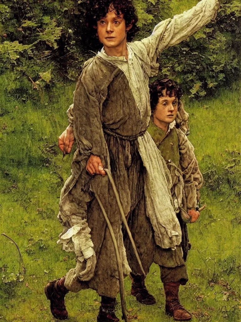 Prompt: a portrait of frodo baggins walking in the shire by Norman Rockwell