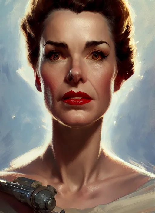 Prompt: head portrait of 5 0 s scifi elegant mature woman, cinematic, detailed, dynamic, artstation character, norman rockwell, everett raymond kinstler, artgerm, daniel gerhartz, greg rutkowski, pulp science fiction illustration