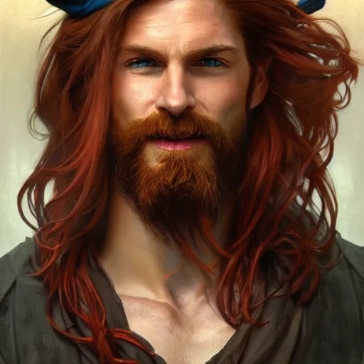 Image similar to portrait of a young ruggedly handsome but joyful pirate, male, masculine, upper body, red hair, long flowing hair, d & d, fantasy, mischievous smirk, intricate, elegant, highly detailed, digital painting, artstation, concept art, matte, sharp focus, illustration, art by artgerm and greg rutkowski and alphonse mucha