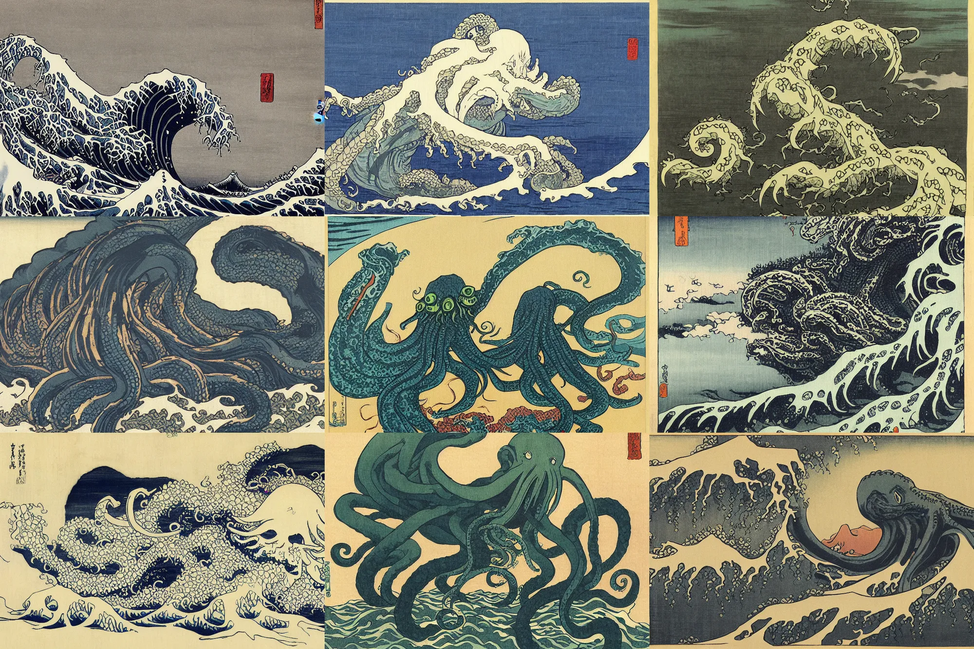 Prompt: cthulhu, painting by katsushika hokusai