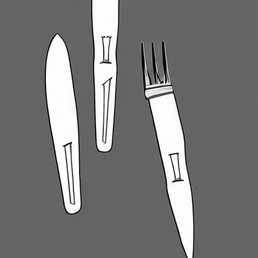 Image similar to detailed sketch, a prototype concept design of a knife and fork, commercial tv add, blade runner style,