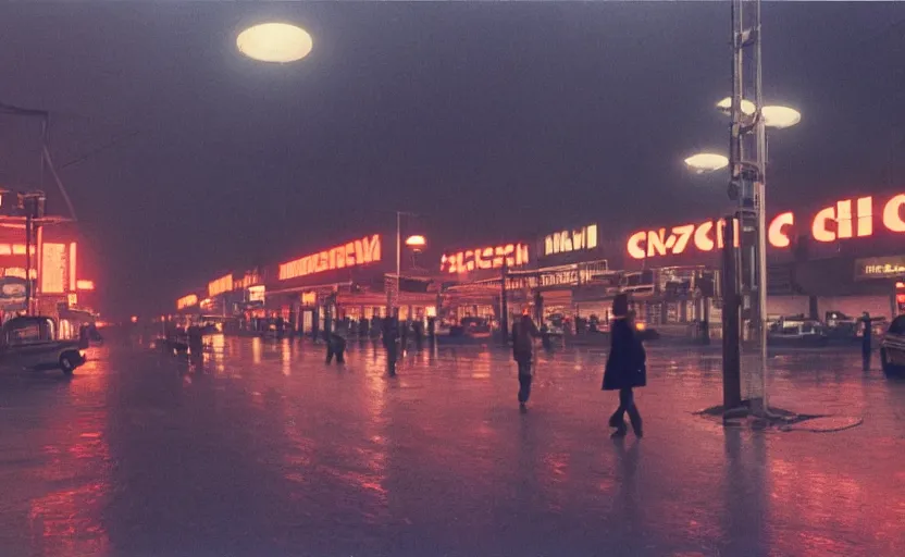 Image similar to 70s movie still of a sovietic street with pedestrians with soviet highrise in the backround , Cinestill 800t 18mm ektachrome color, heavy grainy picture, very detailed, high quality, 4k panoramic, HD criterion, dramatic lightning, neon billboards and streetlight at night, rain, mud, foggy