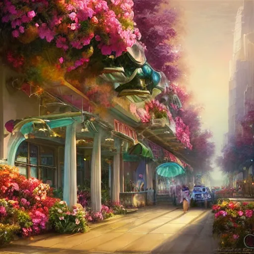 Image similar to a painting of an art - deco cityscape surrounded by flowers, a watercolor and matte painting by mark keathley and mandy jurgens and charlie bowater, cgsociety, artdeco, utopia art, bold colors, sci - fi, artstation hq