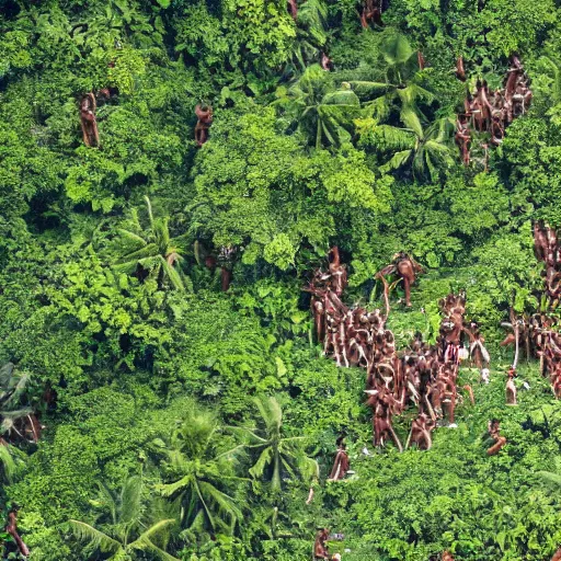 Prompt: aerial hd photograph of a crowd of sentinelese tribe from the andaman and nicobar islands looking into camera