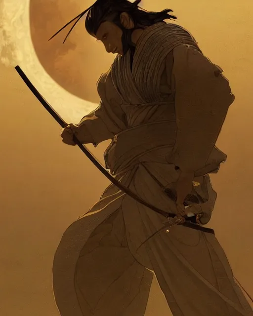 Prompt: '' Illustration a samurai breaking its chains, (night), (moon in the background), digital painting, artstation, concept art, sharp focus, illustration, art by greg rutkowski and alphonse mucha ''