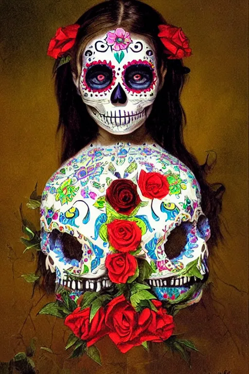 Image similar to Illustration of a sugar skull day of the dead girl, art by Albert Bierstadt