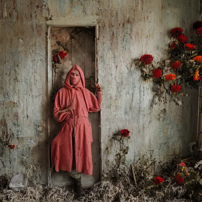 Prompt: a woman wearing a hooded cloak made of zinnias and barbed wire, in a derelict house, by Helen Warner, natural light, detailed face, CANON Eos C300, ƒ1.8, 35mm, 8K, medium-format print