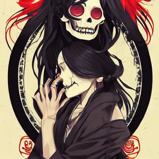 Image similar to anime manga skull portrait young woman skeleton, horse, painterly, logo, graffiti, elegant, highly detailed, digital art, art by jc leyendecker and sachin teng