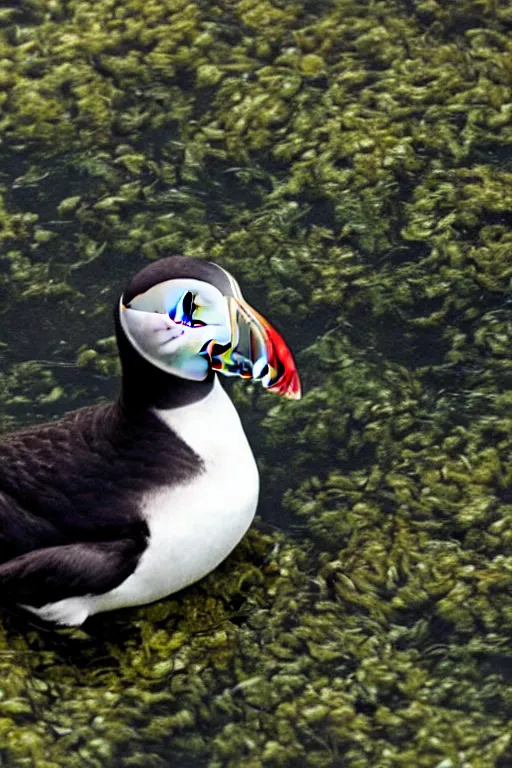 Prompt: beautiful photo of a puffin swimming amongst seaweed underwater in clear water