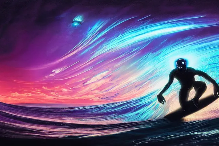 Prompt: a wide angle dynamic action photo of the silhouette of a cybernetic black man with dreadlocks surfing an opal barrel wave, neon lightning storm, by clark little and rhads in a surreal style, concept art by artgerm, ( wave porn ), highly detailed, infinite intricacy fractal, retrowave sunset, bokeh!!!