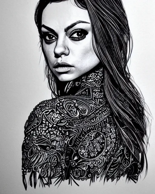 Image similar to mila kunis, black ink on paper, trending on artstation, beautiful, intricate, detailed